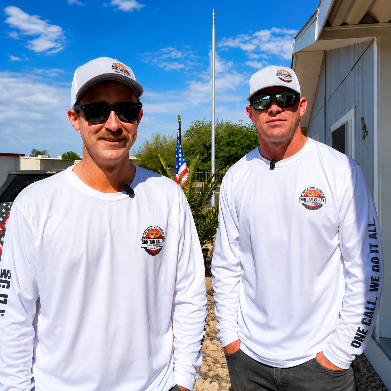 Shane and Phil wearing San Tan Valley Home Services work shirts outdoors