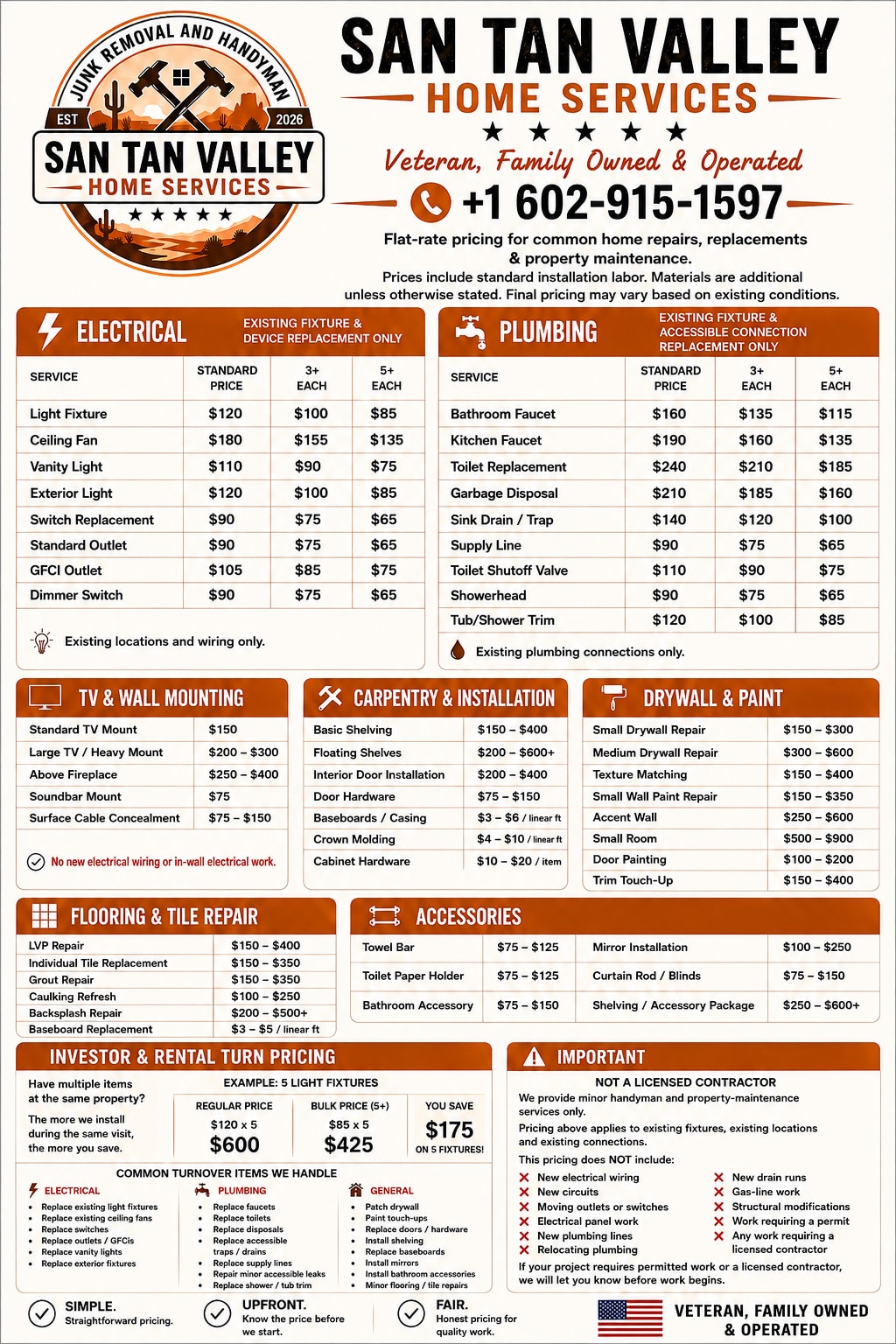 San Tan Valley Home Services handyman pricing sheet